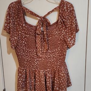 Chic Brown Floral Smocked Blouse Floral Leopard Print Quilted Vintage